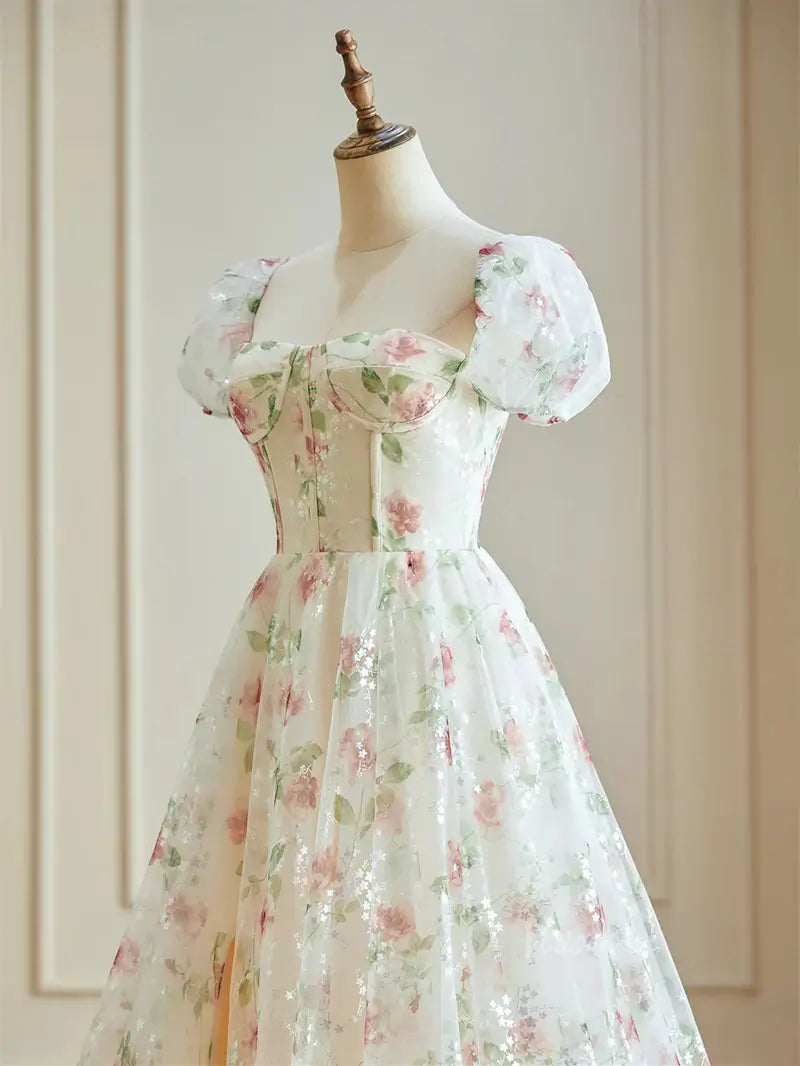 Pink Starry Tulle Floral Prom Dresses with Slit & Puffes Sleeve - FD5107-prom dresses 2025 -Viniodress-Pink-Custom Size-