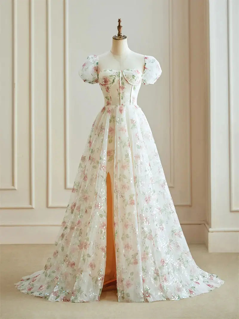Pink Starry Tulle Floral Prom Dresses with Slit & Puffes Sleeve