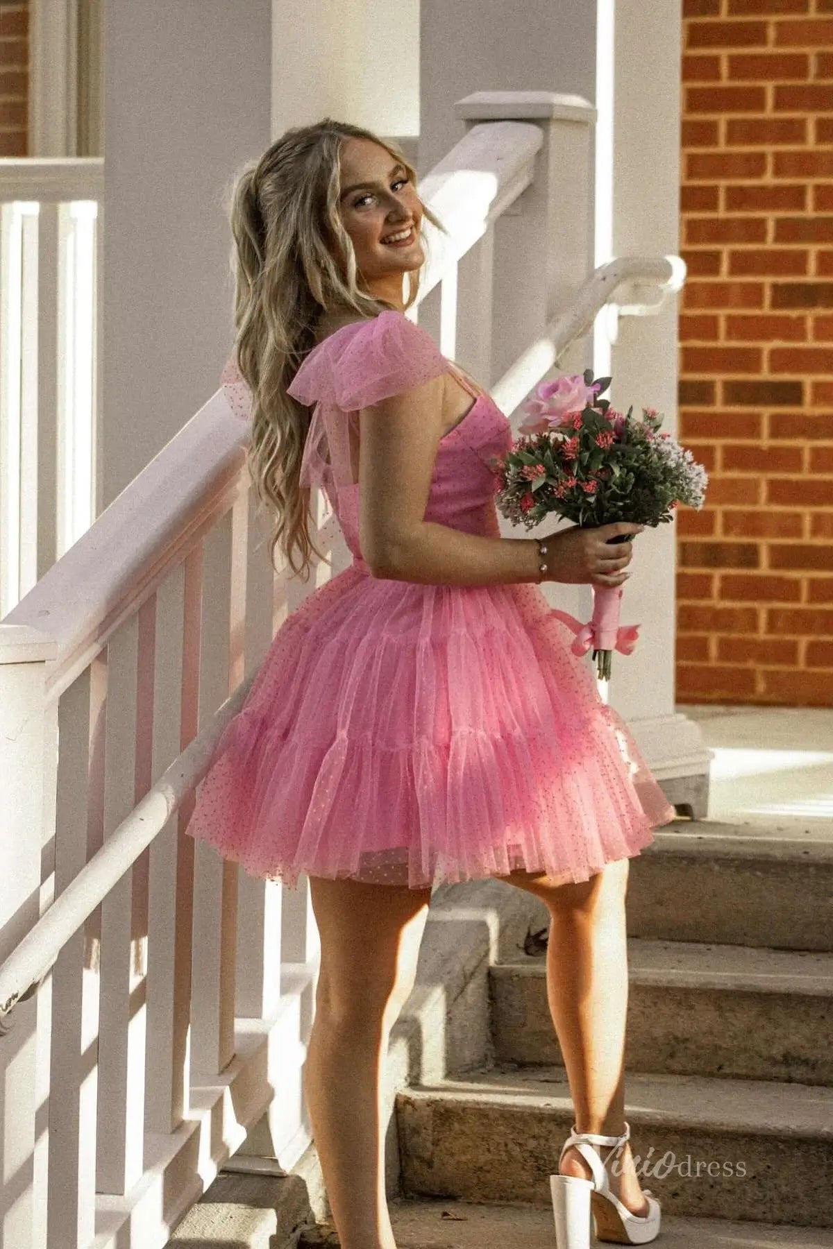 Pink Strapless Homecoming Dress with Spaghetti Straps and Ruffled Tulle Skirt – H1113-Homecoming Dresses 2025 -Viniodress-Pink-Custom Size-