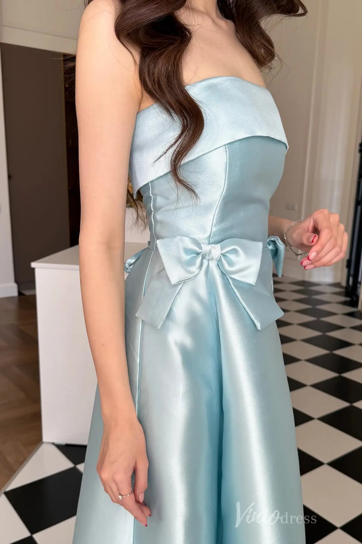 Pink Strapless Mikado Formal Dress with Folded Neckline, Bows, A-Line Silhouette – AS022-prom dresses 2025 -Viniodress-Pink-Custom Size-