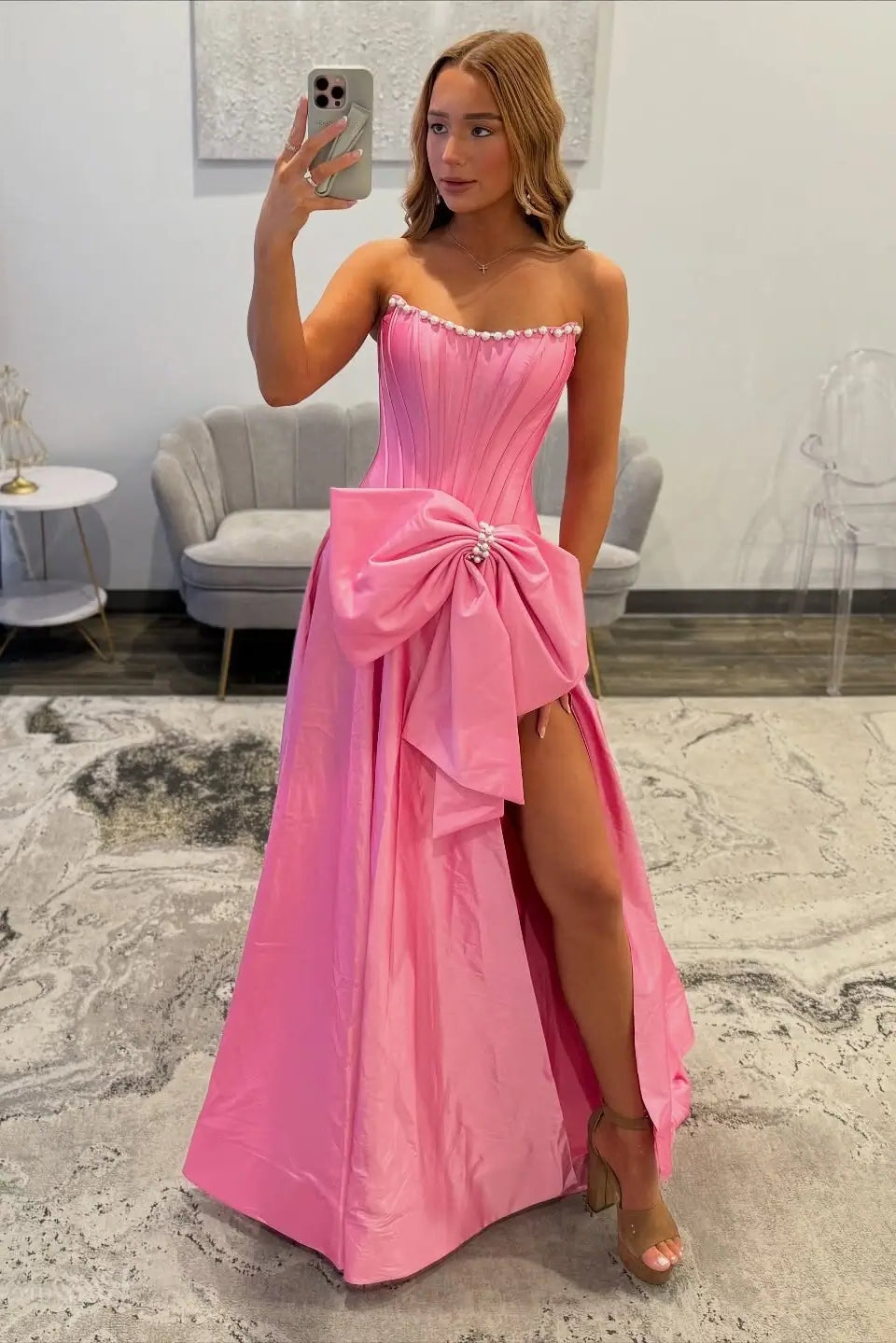Pink Strapless Satin Bow Prom Dress with Pearl Trim & Slit AS087 Viniodress Pink Strapless Satin Bow Prom Dress with Pearl Trim & Slit AS087 Viniodress
