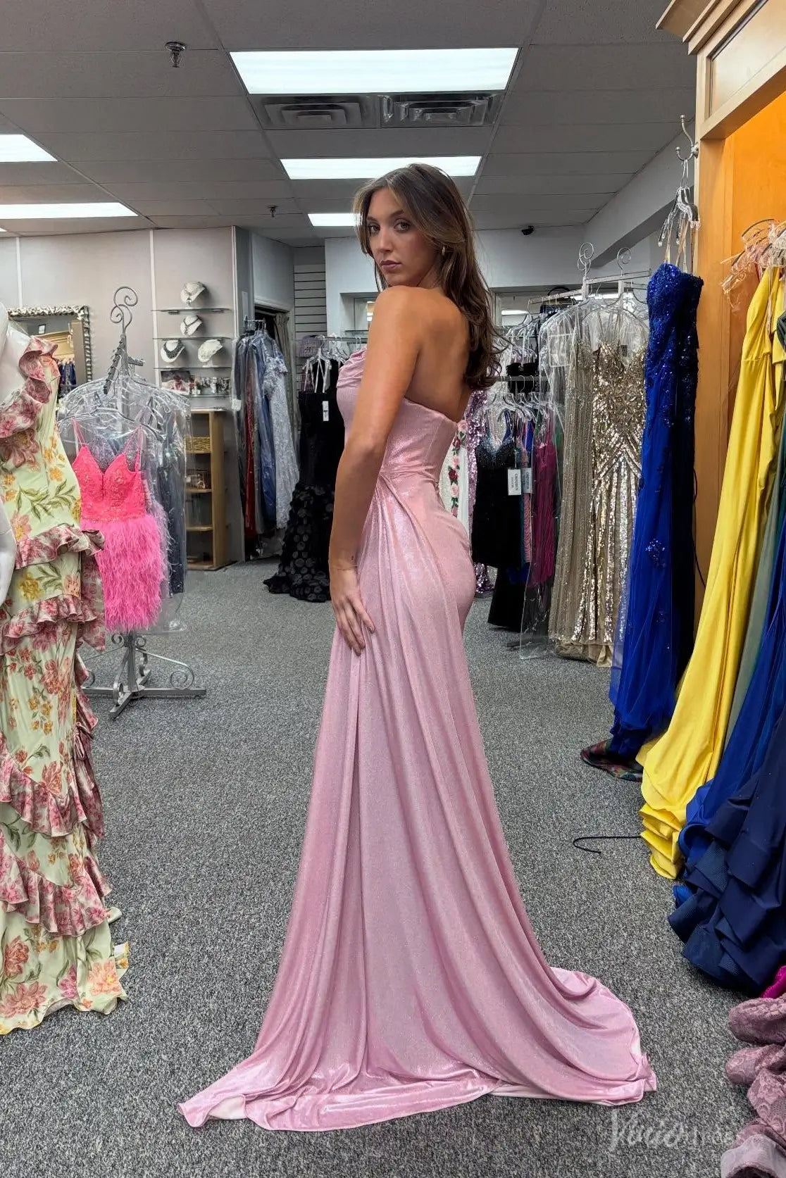 Pink Strapless Satin Mermaid Prom Dress with High Slit, Draped Side Panel & Sweep Train – SS132-Prom Dresses 2026-Viniodress-Pink-Custom Size-