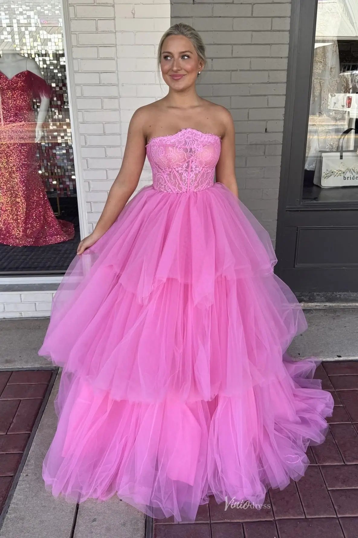 Pink Strapless Tulle Prom Dresses with Lace Corset Bodice Tiered Ball –  Viniodress