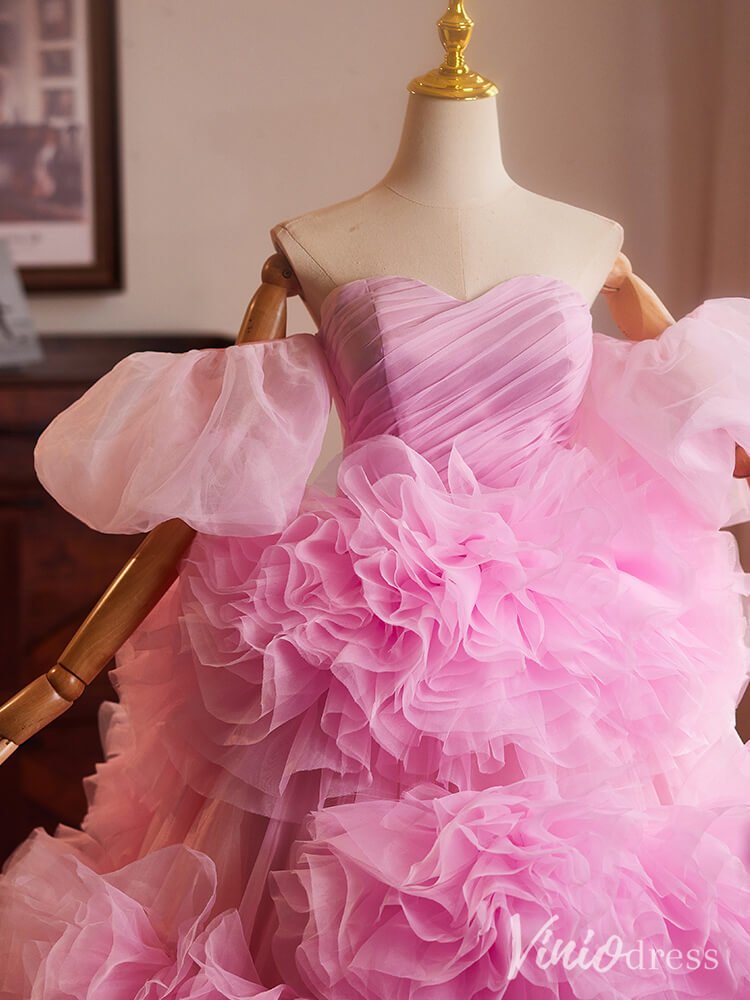 Pink Tiered Ruffled Rosette Quinceanera Dress Off the Shoulder Prom Ball Gown AD1300-Quinceanera Dresses 2025 -Viniodress-Pink-Custom Size-