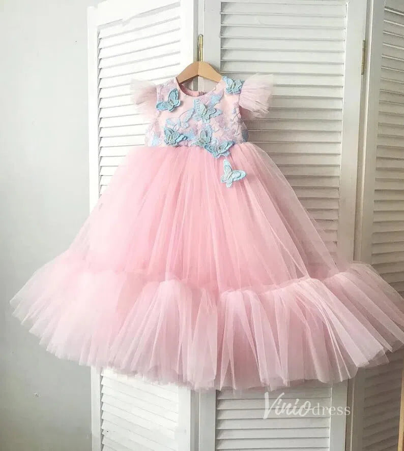 Pink Tulle Flower Girl Dresses Blue Butterfly Dress for Little Girls GL1127-flower girl dresses 2025 -Viniodress-Pink-Custom Size-