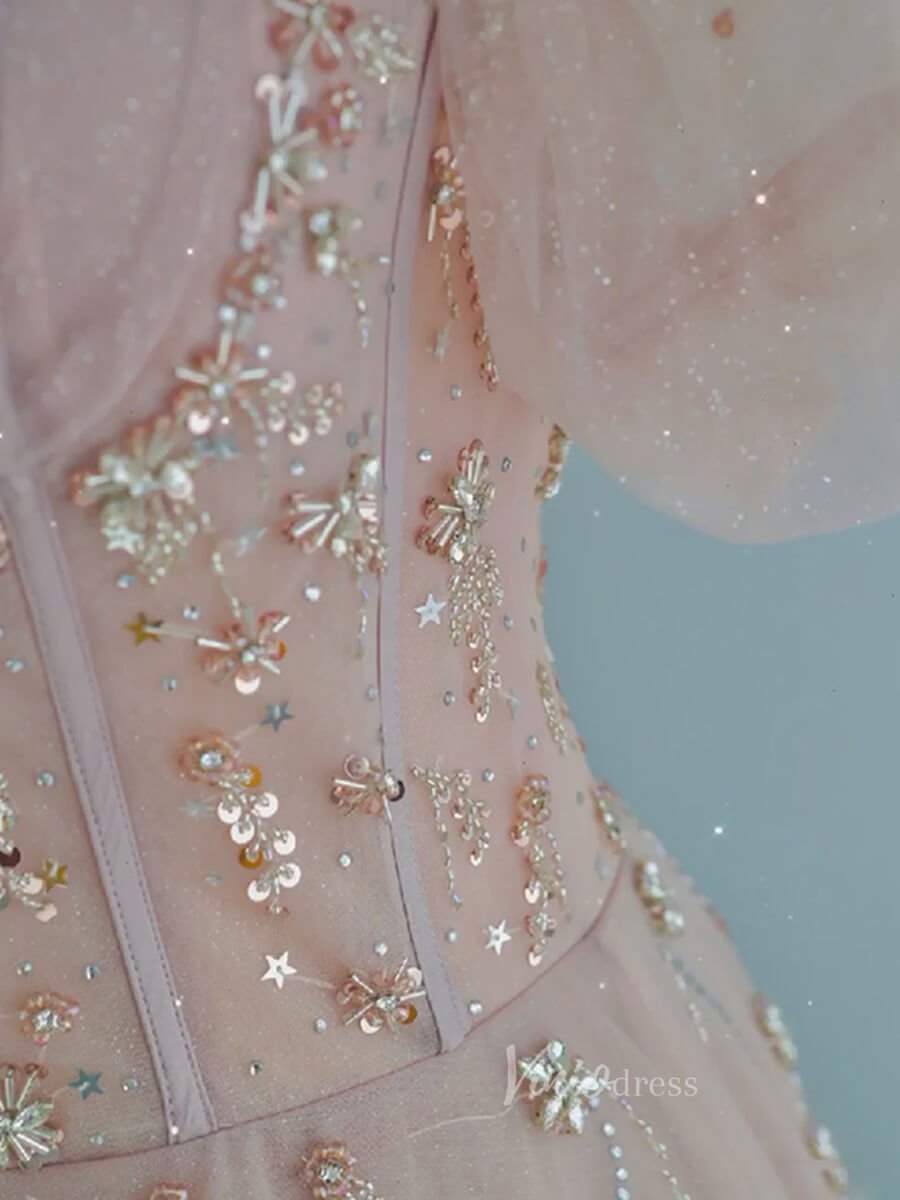 Pink Tulle Prom Dresses Puffed Sleeve Formal Dress FD3235-prom dresses 2025 -Viniodress-Pink-Custom Size-