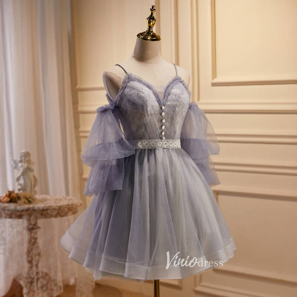 Viniodress Puffy Sleeve Tulle Homecoming Dresses Spaghetti Strap Short Cocktail Dress SD1584 As Picture / US6