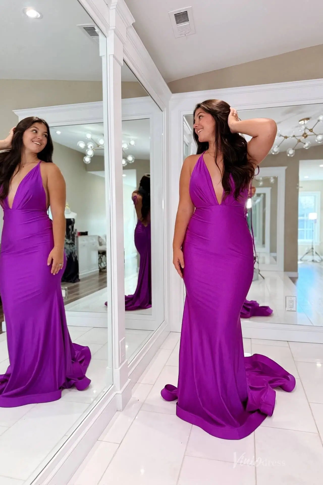 Purple Satin Halter Deep V Mermaid Prom Dress with Open Back & Sweep Train – SS149-prom dresses 2026-Viniodress-Purple-Custom Size-