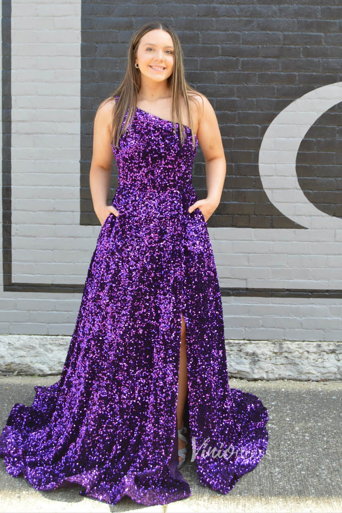Purple Sequin Prom Dress with Slit One Shoulder Formal Dresses