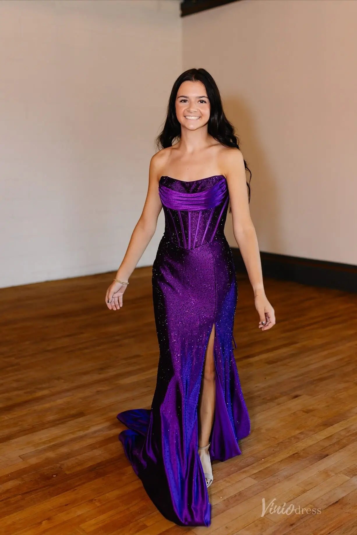 Purple Sparkly Strapless Mermaid Prom Dress with Structured Bodice, High Slit & Sweep Train – SS154-prom dresses 2026-Viniodress-Purple-Custom Size-