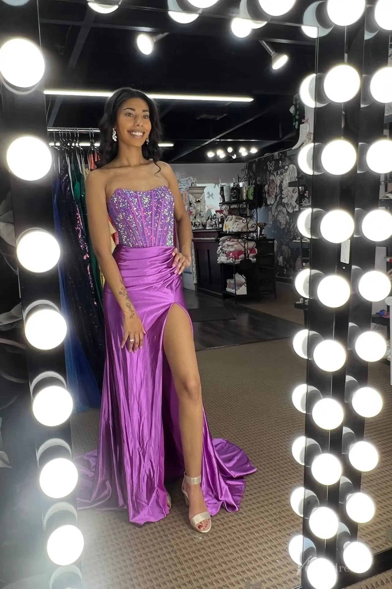 Purple Strapless Beaded Corset Mermaid Prom Dress with Ruched Satin Skirt & High Slit – SS292-prom dresses 2026-Viniodress-Purple-Custom Size-