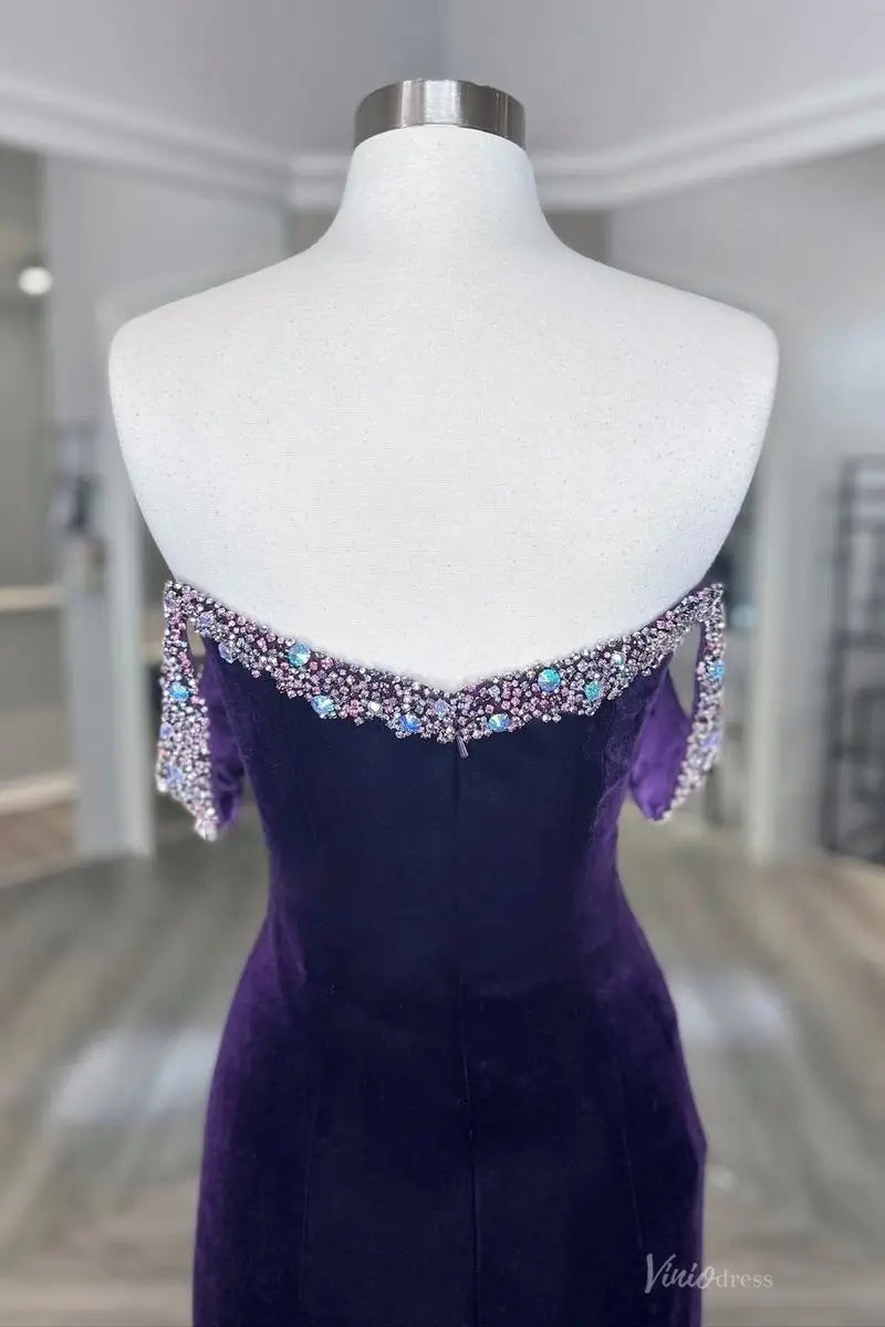Purple Velvet Off-the-Shoulder Mermaid Pageant Gown with Crystal Beaded Neckline & Deep V – PG015-prom dresses 2026-Viniodress-Purple-Custom Size-
