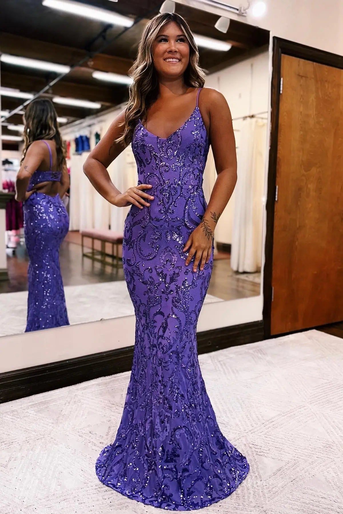 Radiant Sequin Lace Mermaid Prom Dress with Spaghetti Strap SQ041 Viniodress Radiant Sequin Lace Mermaid Prom Dress with Spaghetti Strap SQ041 Viniodress