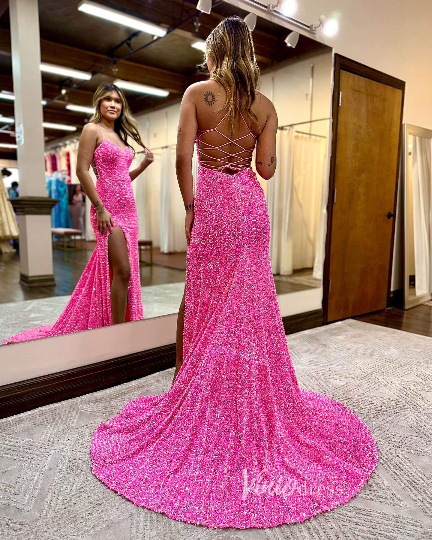 Radiant Sequin Prom Dresses with Slit Mermaid Spaghetti Strap Evening Dress FD3590-prom dresses 2025 -Viniodress-Lavender-Custom Size-