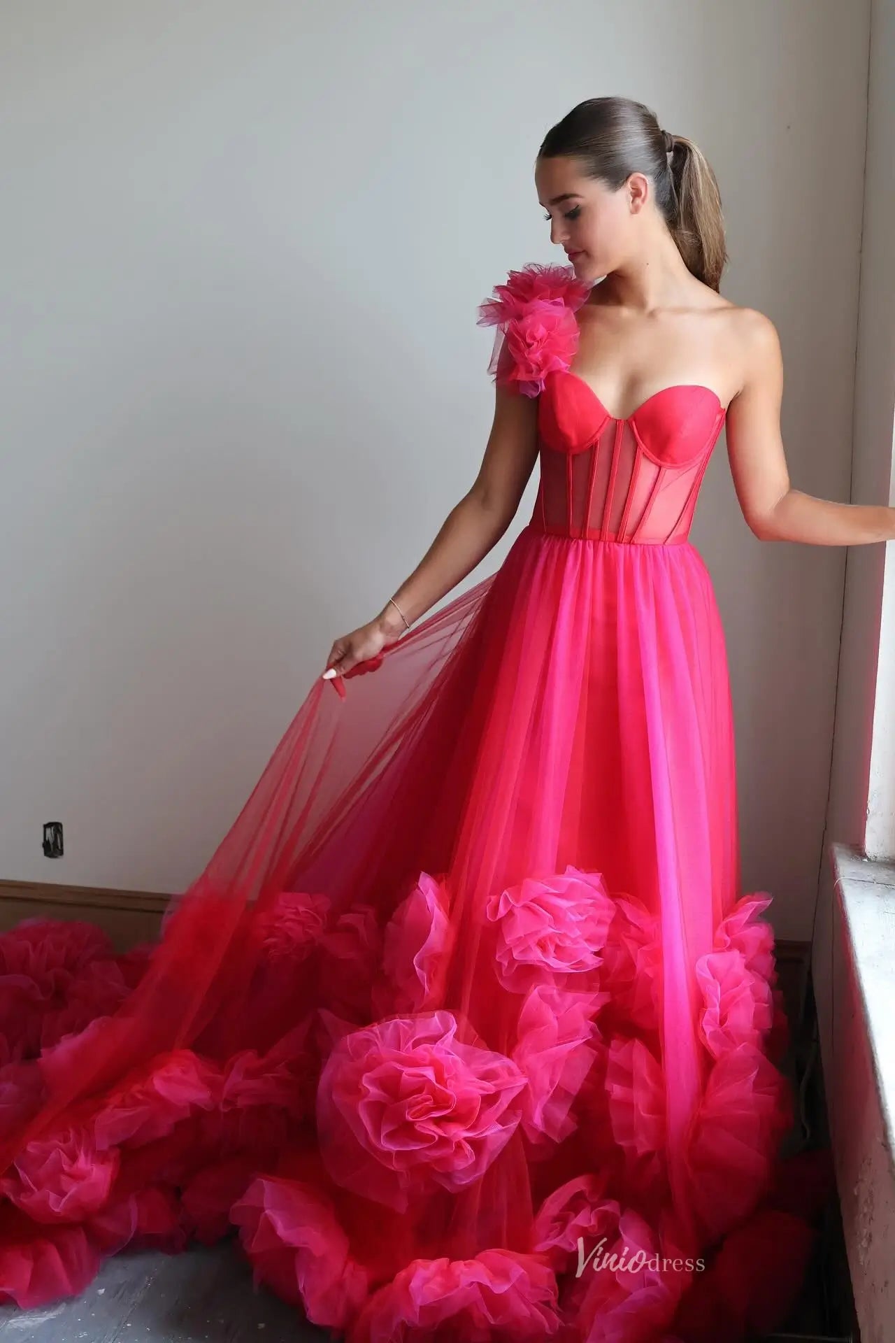 open lace back dress Rasberry Rosette Ruffle Prom Dress with One-Shoulder Flower – RF129 –  Viniodress