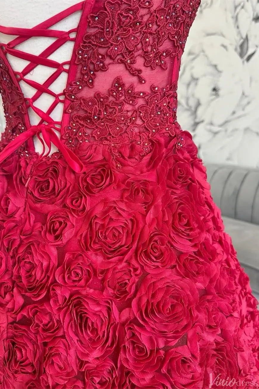 Red 3D Rose Ball Gown with Beaded Lace Corset Bodice & Lace-Up Back – AE1001-Evening Dresses 2025 -Viniodress-Red-Custom Size-