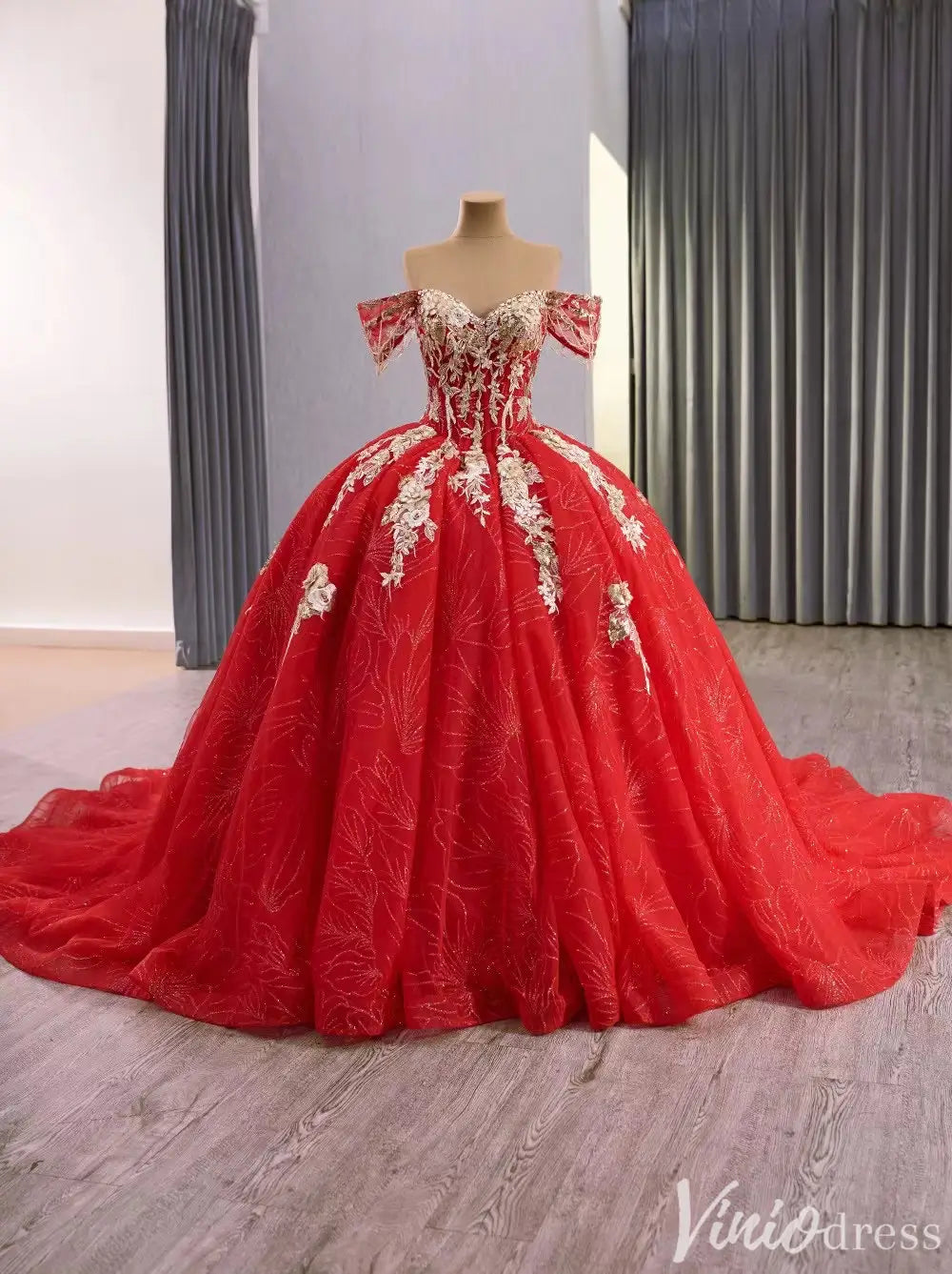 Red and Gold Quinceañera Dress with Floral Lace – Style 251021 – Viniodress