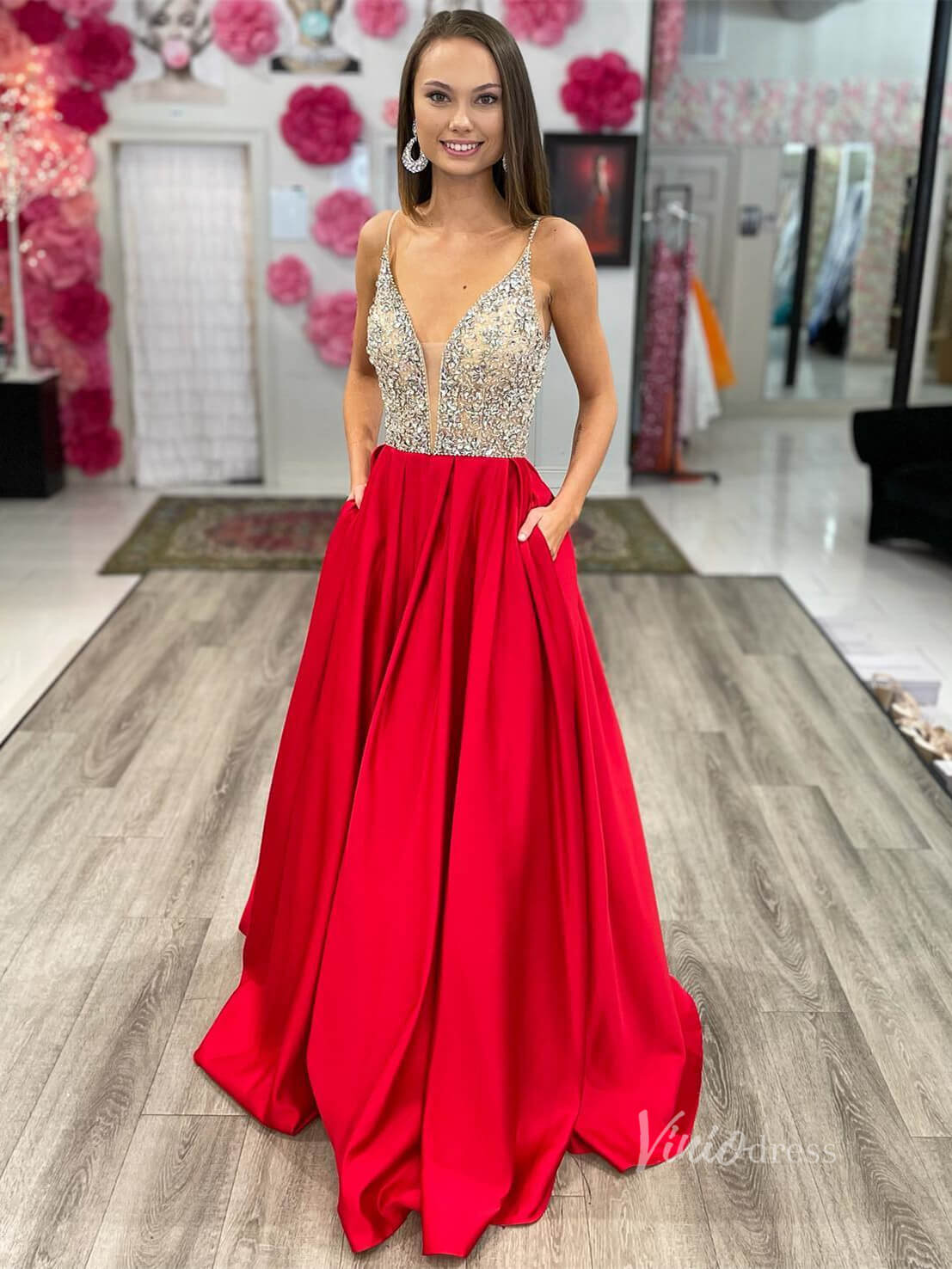 Red Beaded Bodice Satin Bottom Prom Dresses with Pockets Plunging V-Ne –  Viniodress