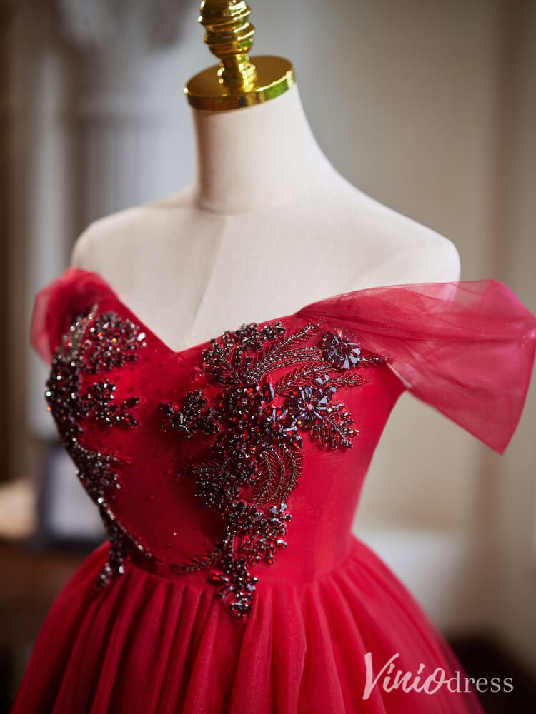Red Beaded Lace Homecoming Dresses Off the Shoulder Graduation Dress BJ055-prom dresses 2025 -Viniodress-Red-Custom Size-