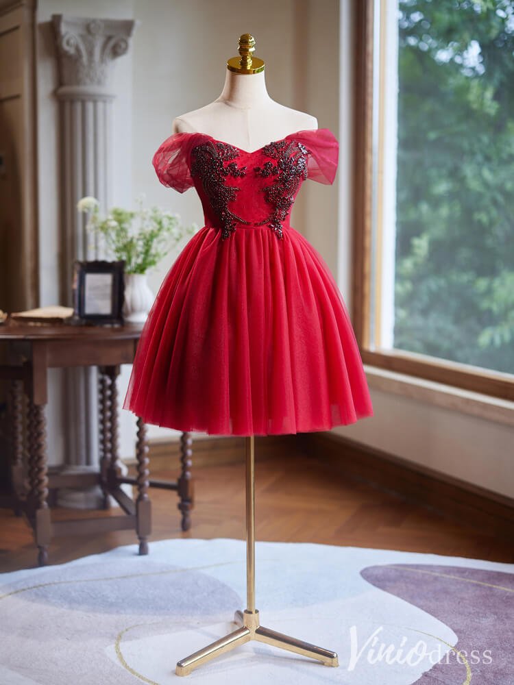 Red Beaded Lace Homecoming Dresses Off the Shoulder Graduation Dress B Viniodress Red Beaded Lace Homecoming Dresses Off the Shoulder Graduation Dress B Viniodress