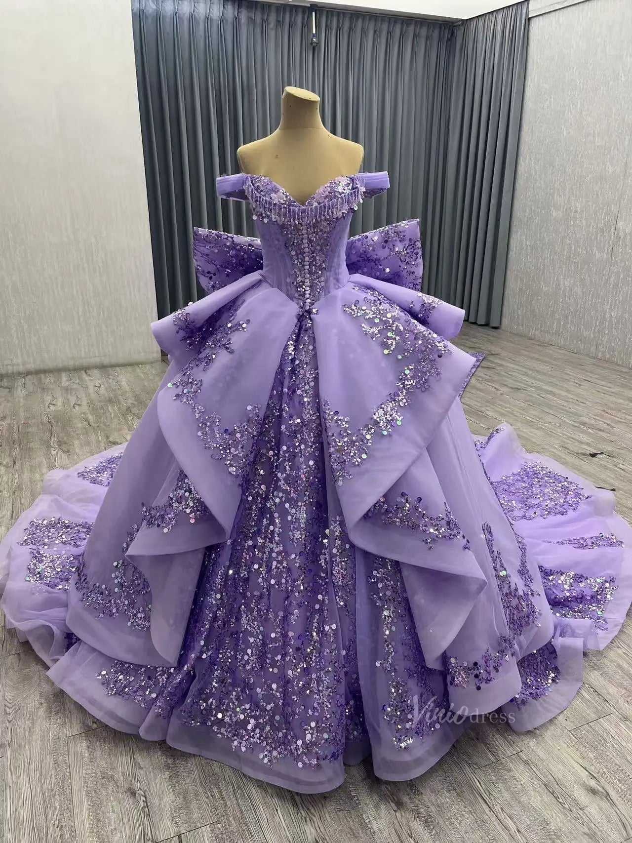 Red Beaded Lace Tiered Wedding Gowns Removable Overskirt Off the Shoulder Quince Dress 241071-Quinceanera Dresses 2025 -Viniodress-Lavender-Custom Size-