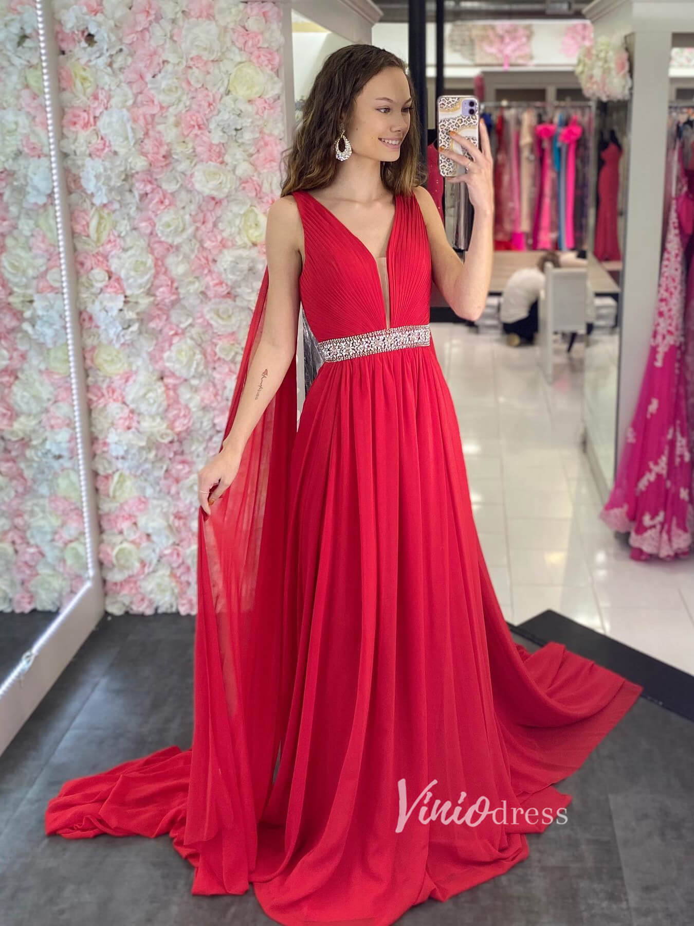 Red Chiffon Prom Dresses Cape Sleeve Evening Dress FD2751-prom dresses 2025 -Viniodress-Red-Custom Size-