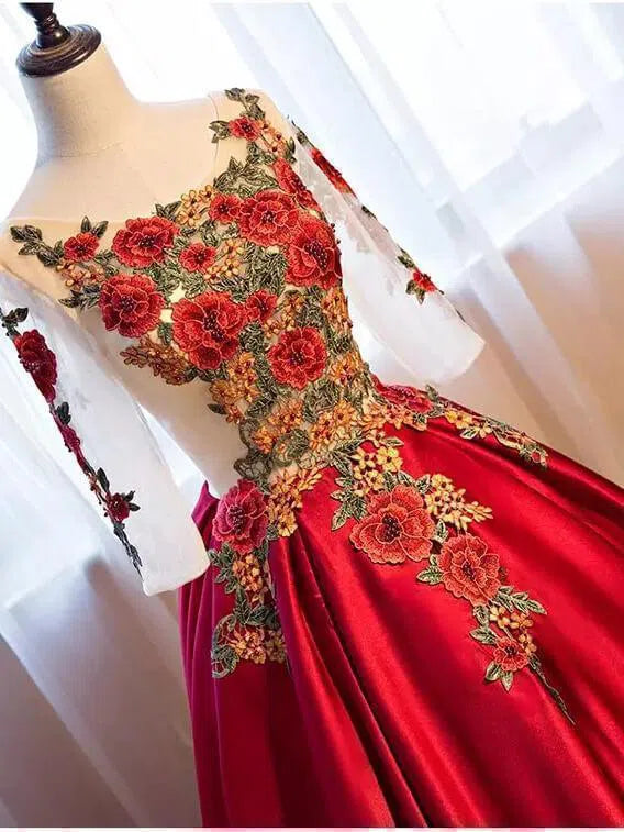 Red Floral Ball Gown Prom Dresses with Sleeves FD1220-B-prom dresses 2025 -Viniodress-Rose Red-Custom Size-