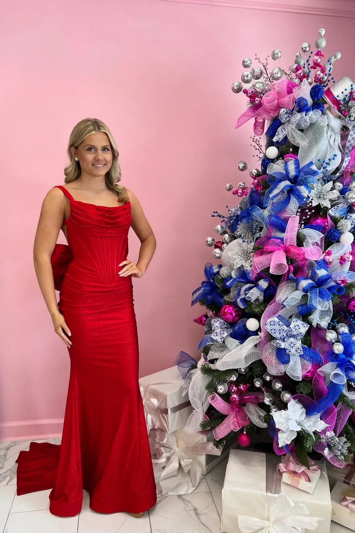 Red Glitter Mermaid Prom Dress with Cowl Neck & Bow Back – SS373 –  Viniodress