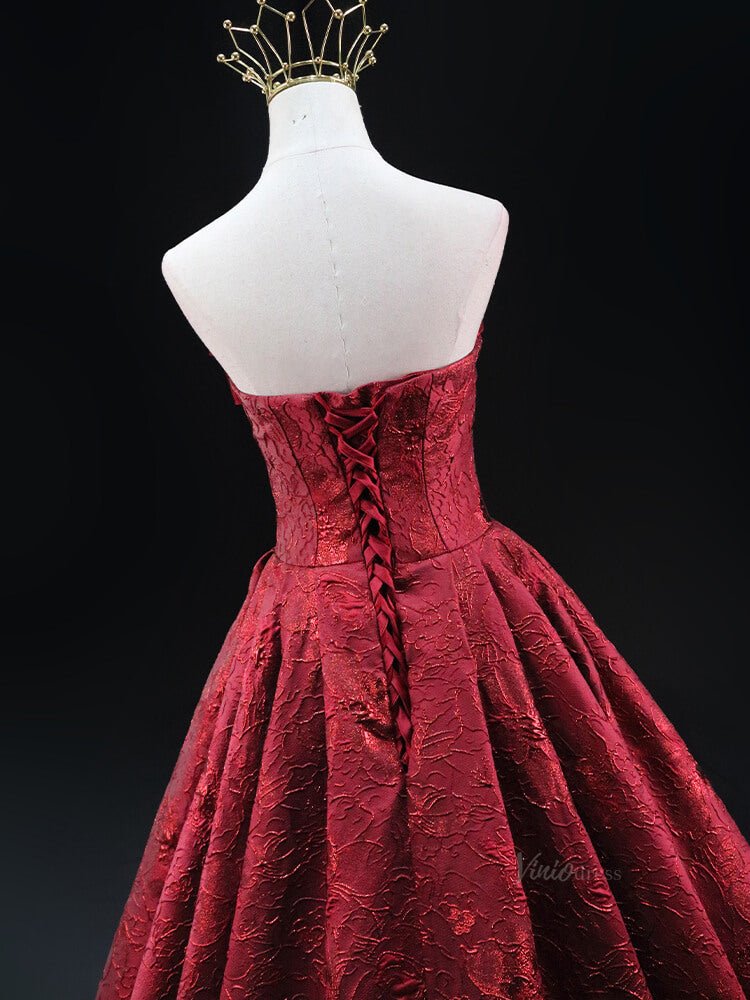 Red Jacquard Prom Dresses with Bow, Corset Back, Strapless Quinceanera Dresses SU034-prom dresses 2025 -Viniodress-Red-Custom Size-