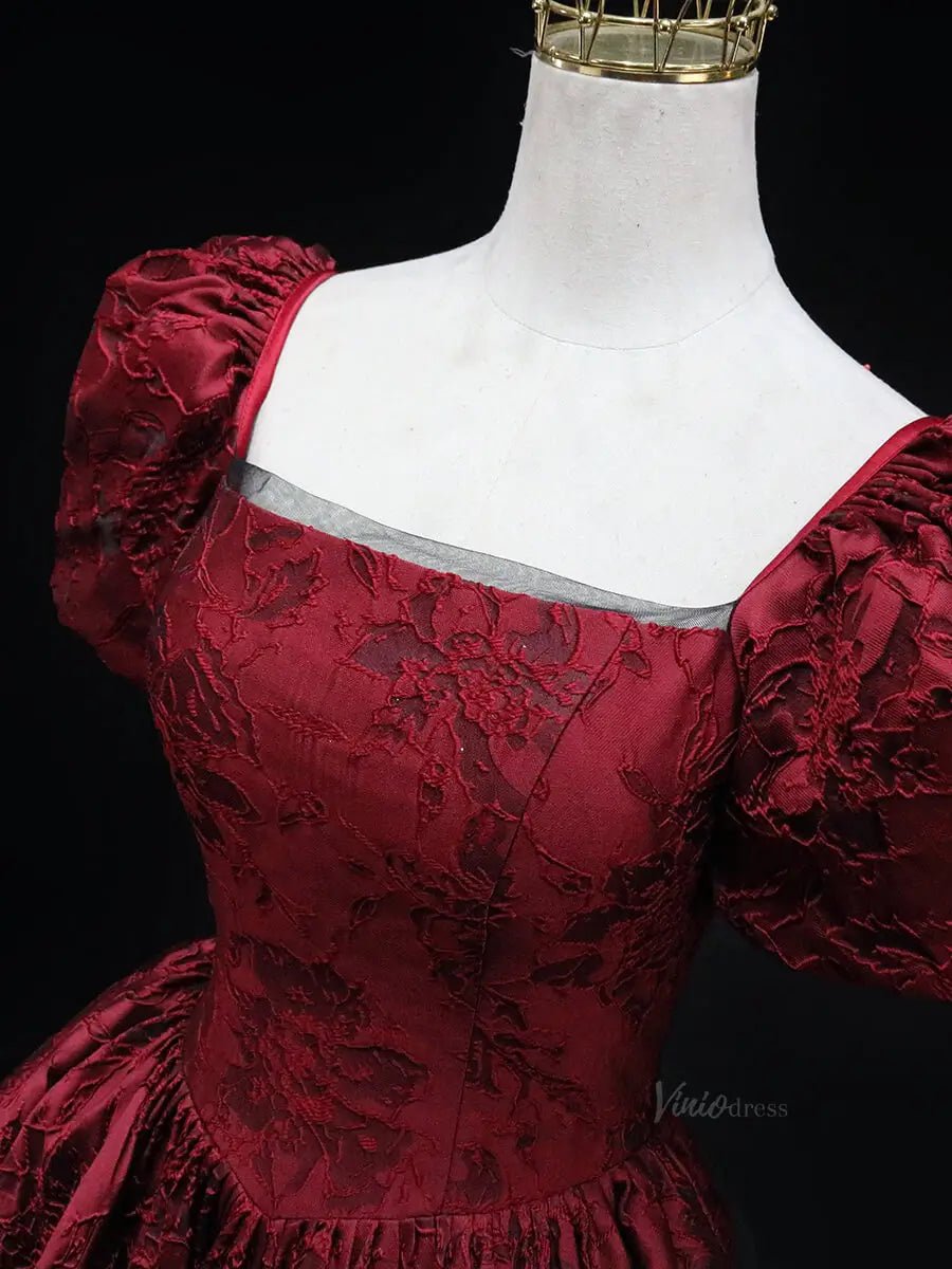 Red Jacquard Prom Dresses with Puffed Sleeve, Square Neck, Quinceanera Dresses SU044-prom dresses 2025 -Viniodress-Red-Custom Size-