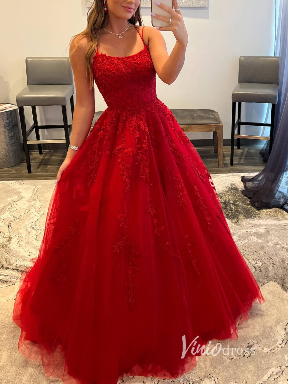 Red Lace Applique Prom Dresses Spaghetti Strap Evening Dress FD2929 –  Viniodress