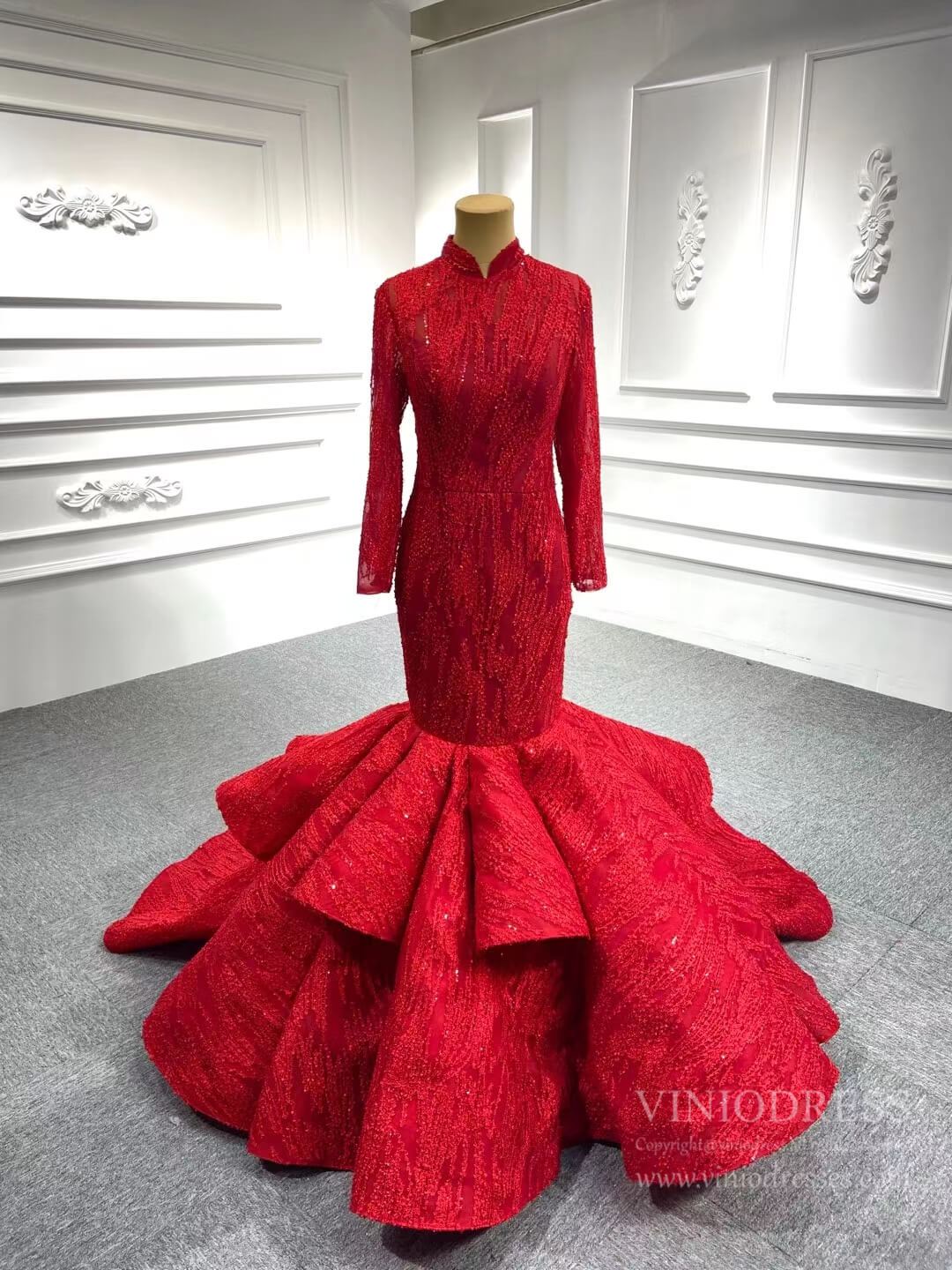 Red Lace High Neck Trumpet Dresses Long Sleeve Muslim Mermaid Gown FD1 Viniodress Red Lace High Neck Trumpet Dresses Long Sleeve Muslim Mermaid Gown FD1 Viniodress
