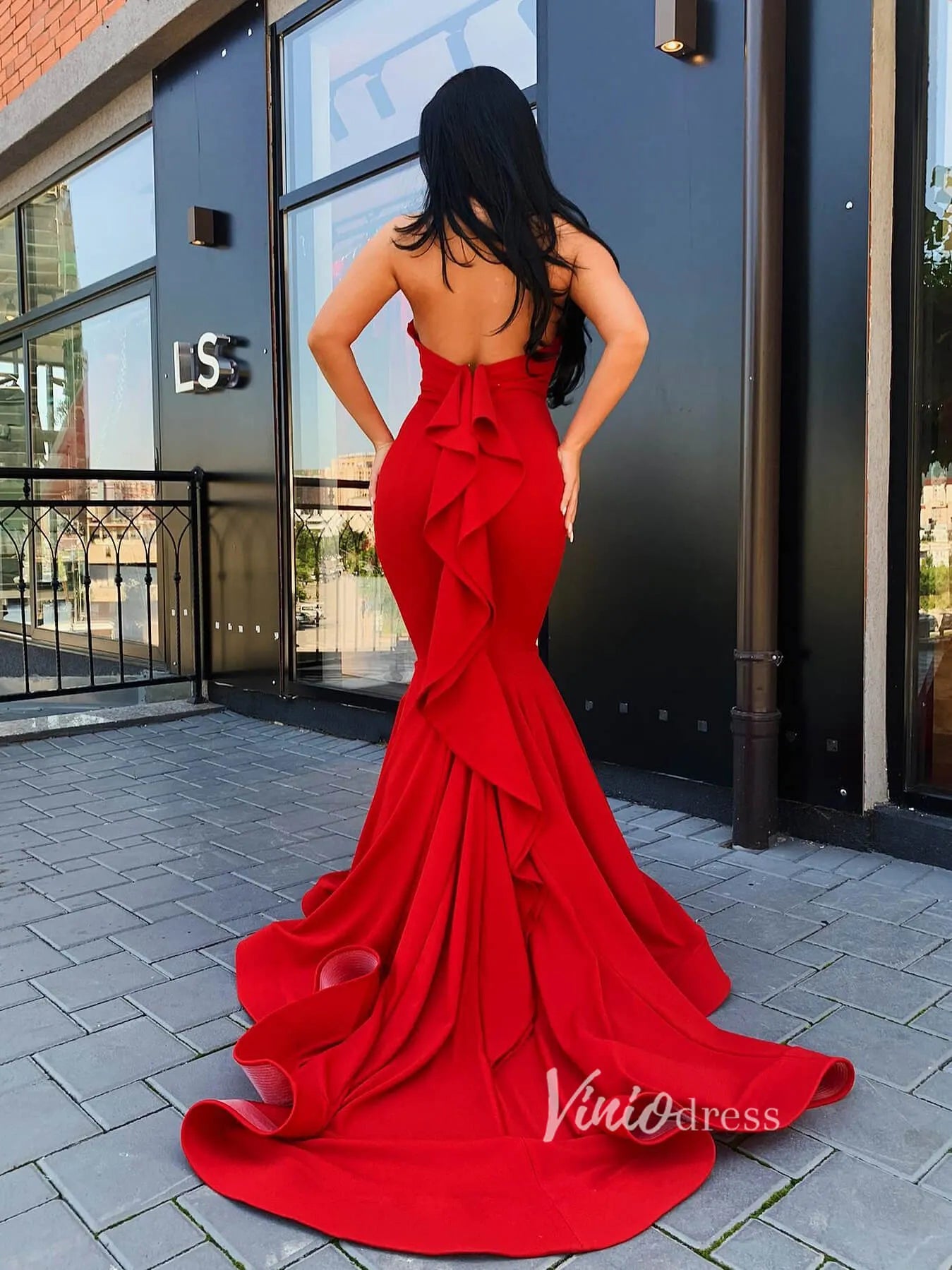 Red Mermaid Gown Open Back Sexy Halter Prom Dresses FD2801-prom dresses 2025 -Viniodress-Red-Custom Size-