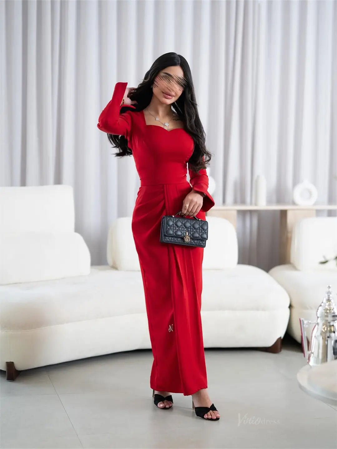 Red Mermaid Prom Dresses 2025 with Long Sleeve & Sweetheart Neck – FD5204-prom dresses 2025 -Viniodress-Red-Custom Size-