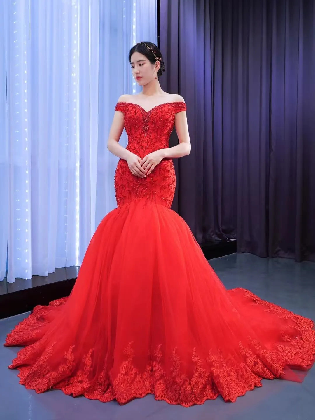 chinese dress ladies Burgundy Off Shoulder Mermaid Long Prom Dress Burgundy Evening Dress US 12 / Custom Color main image 1