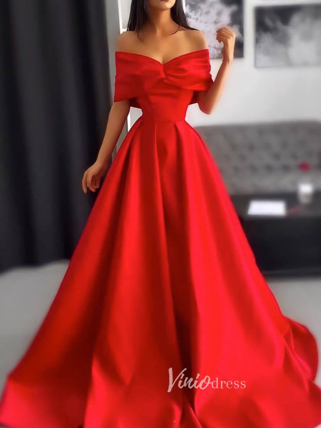 Red Off the Shoulder Prom Dresses A-Line Satin Evening Dress FD3097 –  Viniodress