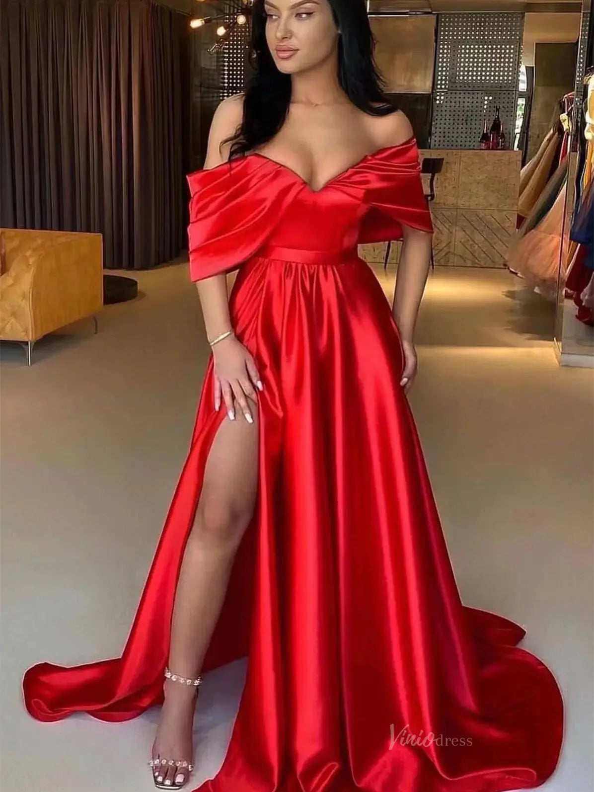 red off the shoulder satin dress Red Off the Shoulder Satin Prom Dresses with Slit