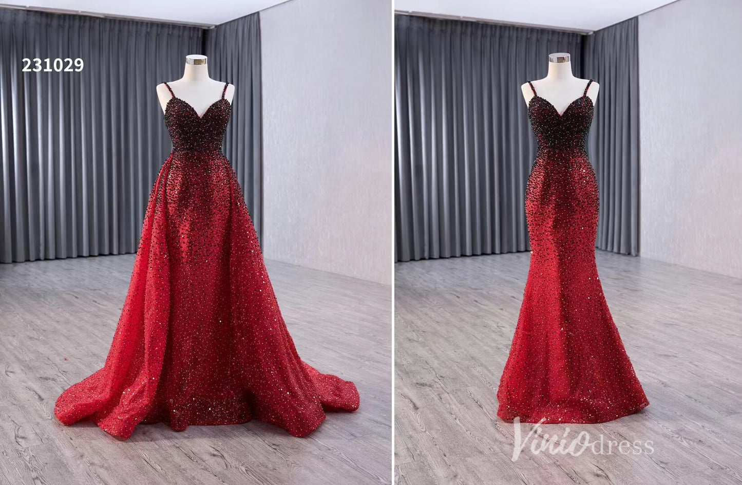 Red Ombre Beaded Wedding Dresses with Removable Overskirt Spaghetti Strap Pageant Dress 231029-Quinceanera Dresses 2025 -Viniodress-Red-Custom Size-