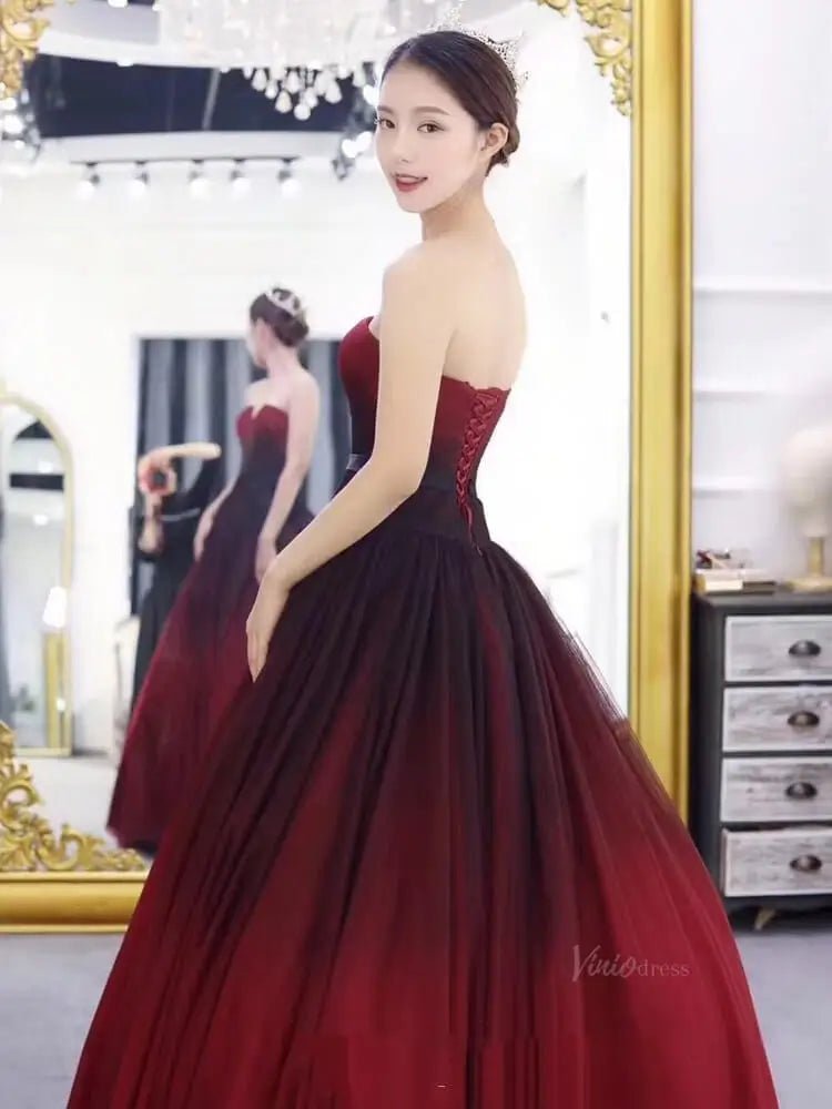 Red Ombre Tulle Prom Dresses Strapless Quinceanera Dresses SU052-prom dresses 2025 -Viniodress-Red-Custom Size-