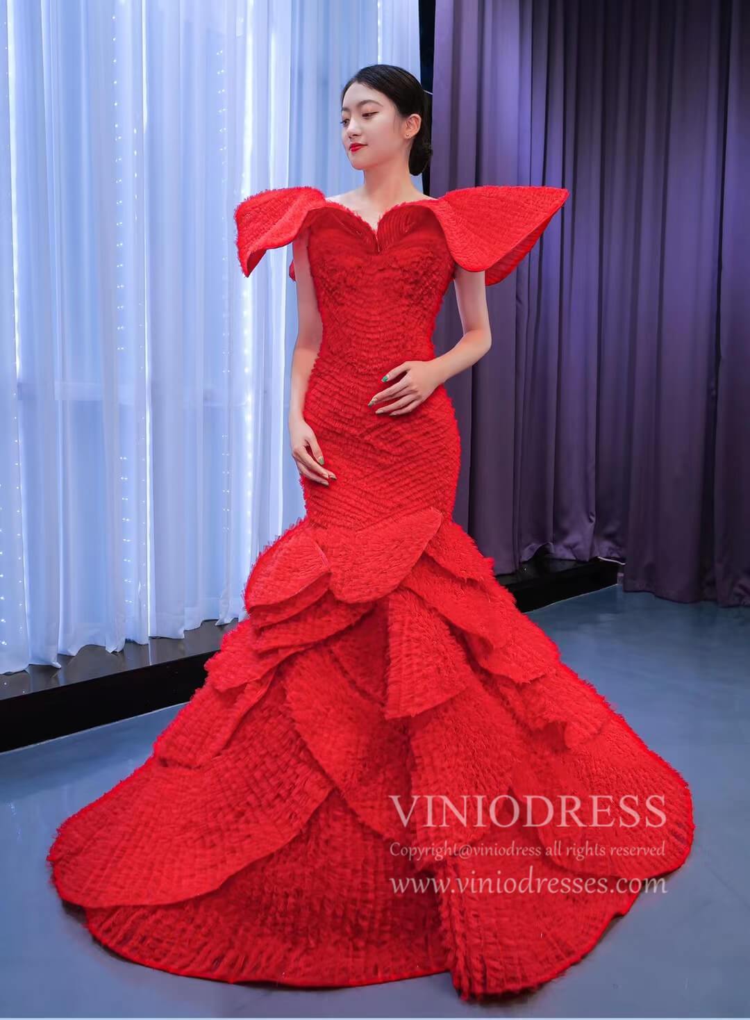 strapless open back dress Red Petal Mermaid Pageant Dress Layered Ruffle Wedding Dress 67286 vin –  Viniodress