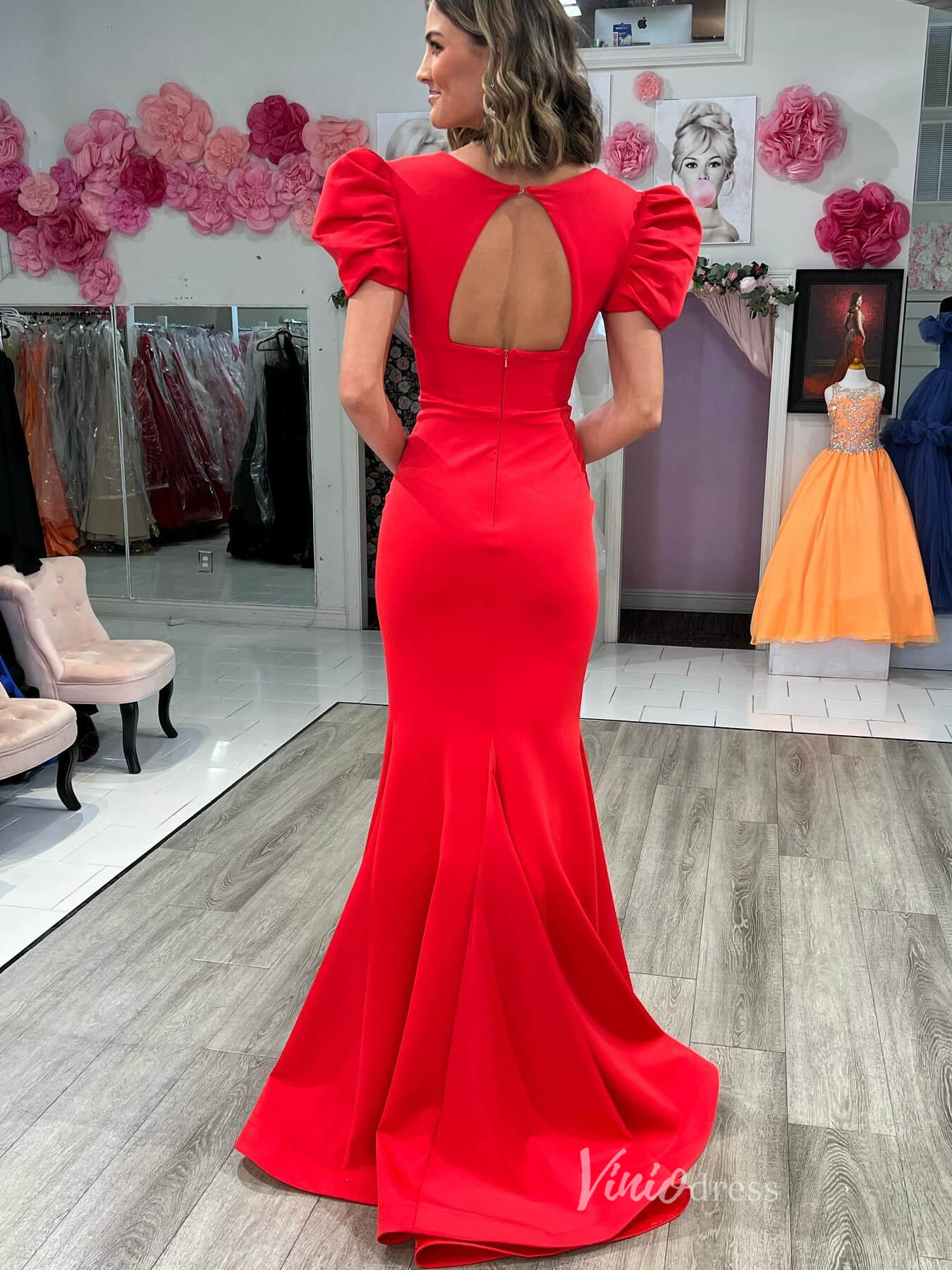 Red Puffed Sleeve Satin Mermaid Prom Dresses with Slit V-Neck FD4011-prom dresses 2025 -Viniodress-Red-Custom Size-