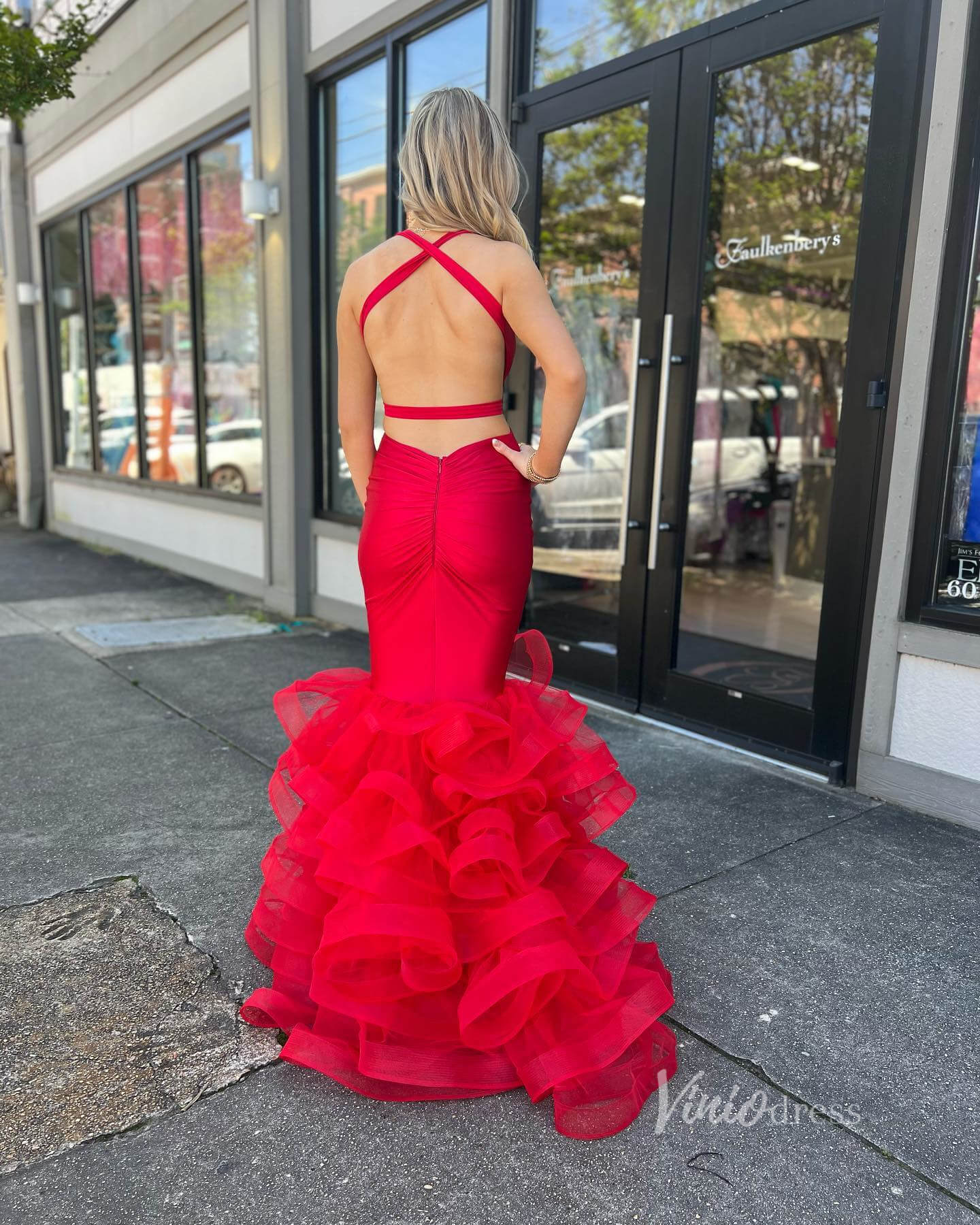 Red Ruffle Prom Dresses Satin Ruffle V-Neck Mermaid Dresses FD3621-prom dresses 2025 -Viniodress-Red-Custom Size-