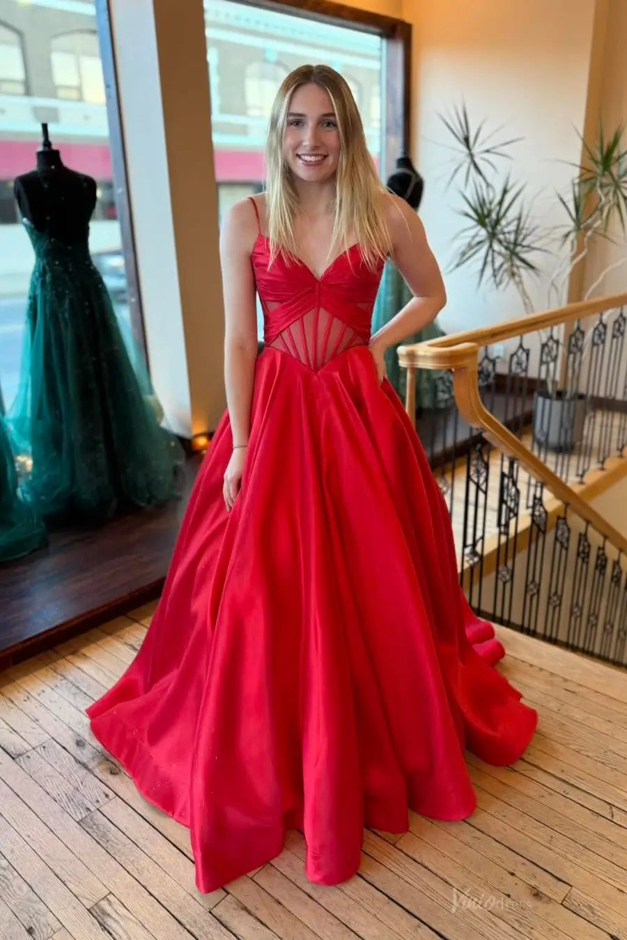 Red Satin Ball Gown Prom Dress with Sheer Boned Bodice & Pockets – AS077 – Viniodress Red Satin Ball Gown Prom Dress with Sheer Boned Bodice & Pockets – AS077 – Viniodress