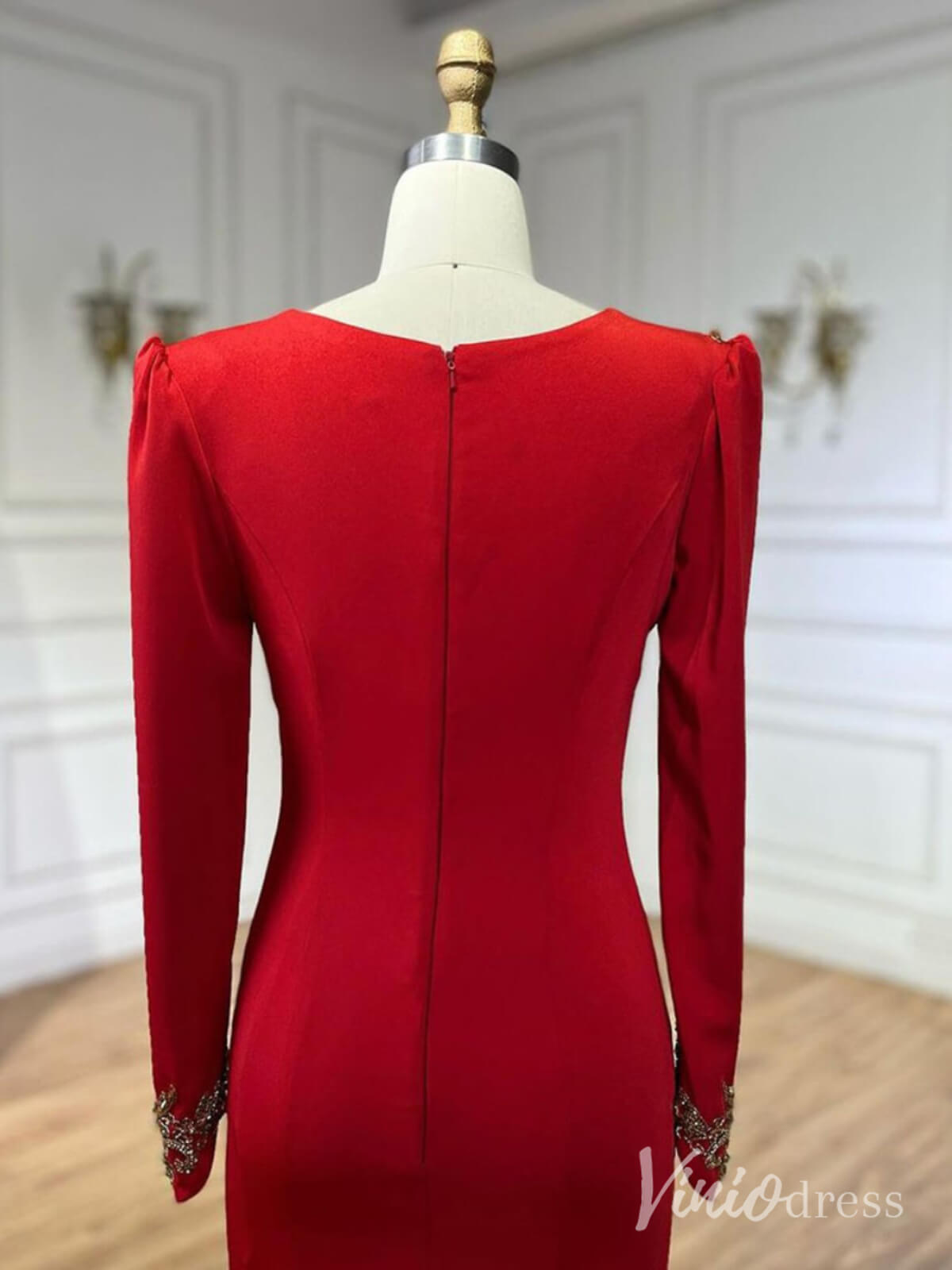 Red Satin Long Sleeve Prom Dresses Beaded Lace V-Neck Mother of the Bride Dress AD1242-Evening Dresses 2025 -Viniodress-Red-US 2-