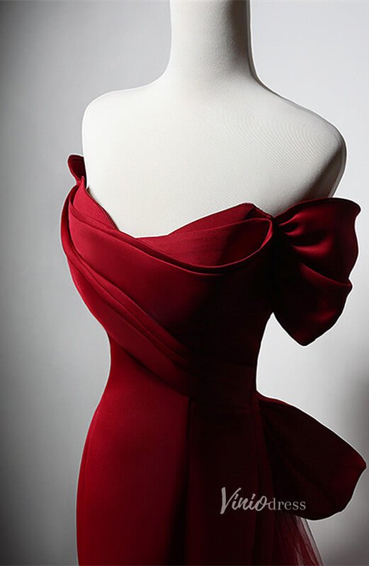 Red Satin Mermaid Bow-Tie Prom Dresses Off the Shoulder Formal Dress AD1221-prom dresses 2025 -Viniodress-Red-Custom Size-