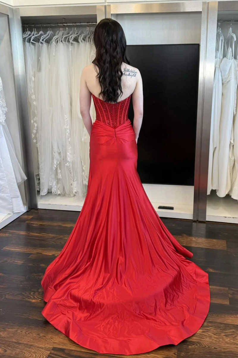 Red Satin Mermaid Prom Dress with Beaded Corset Bodice, Sweetheart Neckline & High Slit – SS133-prom dresses 2026-Viniodress-Red-Custom Size-