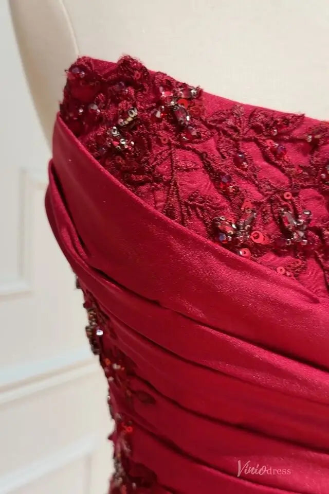 Red Satin Mermaid Prom Dress with Beaded Lace Bodice & High Slit – SS173-prom dresses 2026-Viniodress-Red-Custom Size-