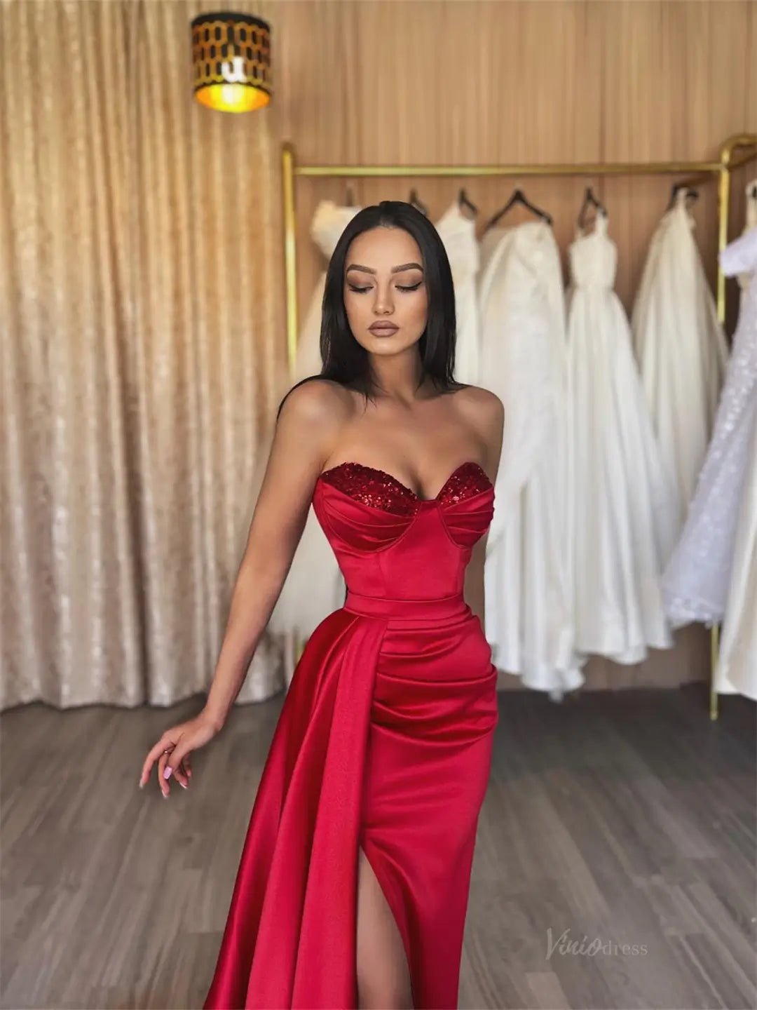 Red Satin Mermaid Prom Dresses 2025 Sweetheart Neck Formal Gown with High Slit FD5260-prom dresses 2025 -Viniodress-Red-Custom Size-