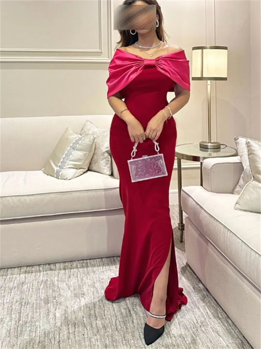 Red Satin Mermaid Prom Dresses 2025 with Slit, Bow, Off the Shoulder F –  Viniodress