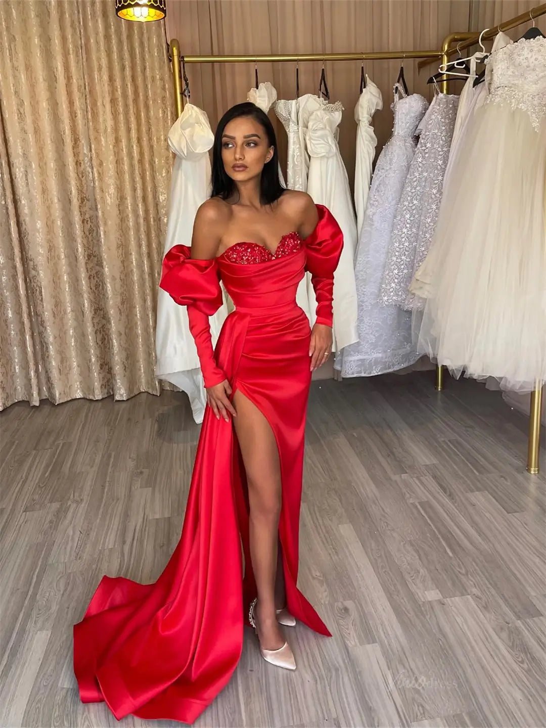 Red Satin Mermaid Prom Dresses 2025 with Slit, Long Puffed Sleeve & Sw Viniodress Red Satin Mermaid Prom Dresses 2025 with Slit, Long Puffed Sleeve & Sw Viniodress